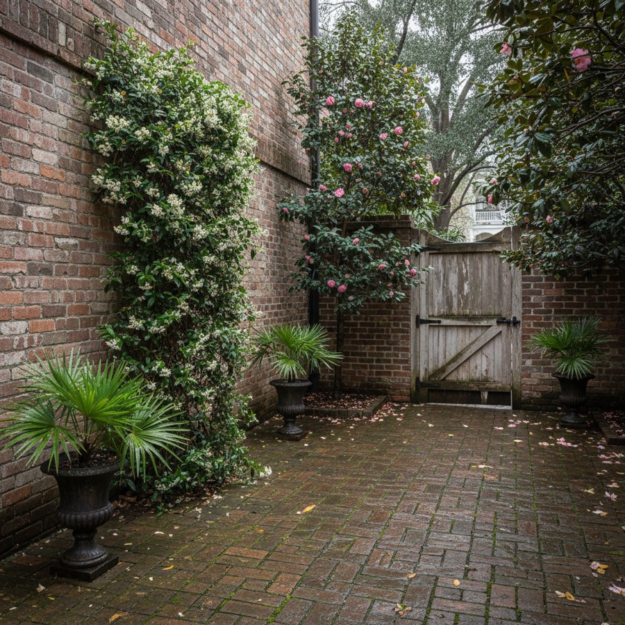 The walled service court at Audubon Place early in the build, before the new grade and planting went in.